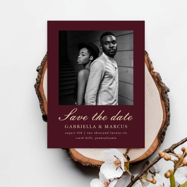 Carte Postale Elégant Burgundy Deux mariage photo Enregistrer la (Créateur téléchargé)