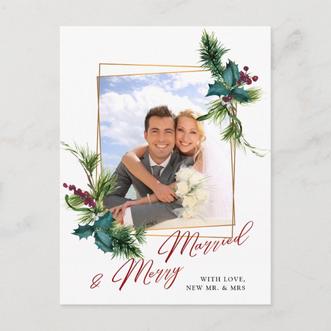 Carte Postale Elégant cadre de Noël Holly Pine Photo Grey (Devant)