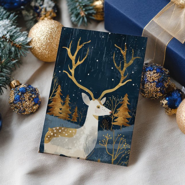Carte Postale Elégant Cerf Marine Bleu & Or Aquarelle Cosy Noël (Créateur téléchargé)