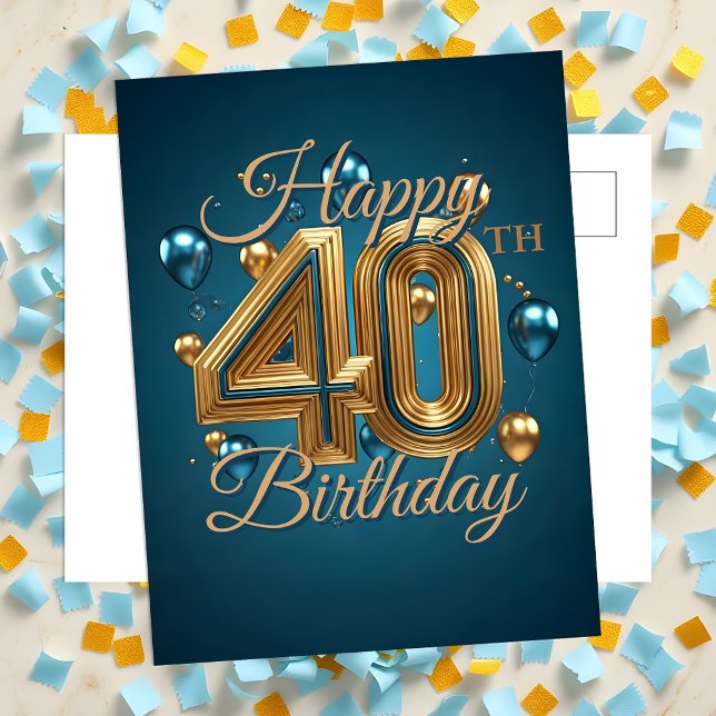 Carte Postale Élégant Chic Ballons Bleus et Dorés 40e Anniversai (Créateur téléchargé)