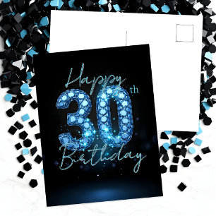 Carte Postale Élégant Chic Bleu Saphir et Noir 30e Anniversaire