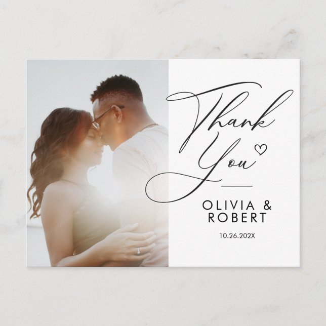 Carte Postale Elegant Chic Script Love Heart Mariage Photo Merci (Devant)