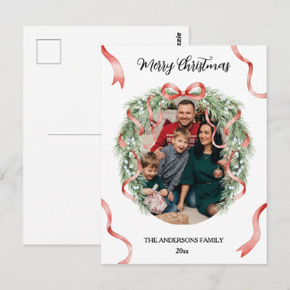 Carte Postale Elegant Christmas Wreath Bow Custom Family Photo