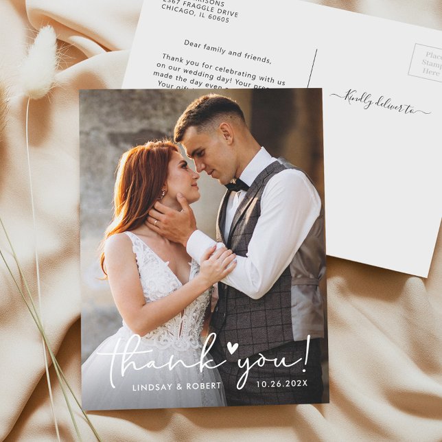 Carte Postale Élégant Cœur d'Amour Script Photo de Mariage Merci (Créateur téléchargé)