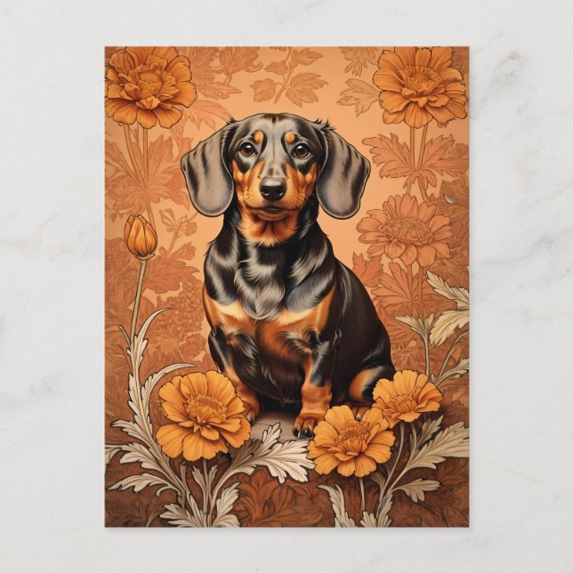 Carte Postale Elégant Dachshund Et Marigolds (Devant)
