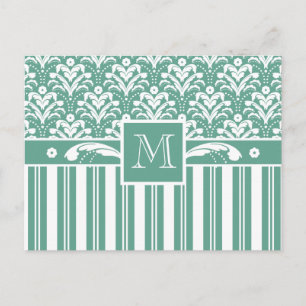 Carte Postale Elégant Damas vert de mer avec votre Monogramme