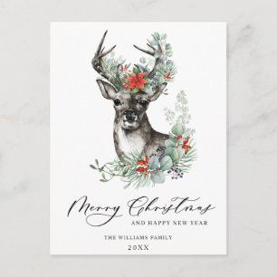 Carte Postale Élégant Deer Poinsettia Noël Salutation de Noël