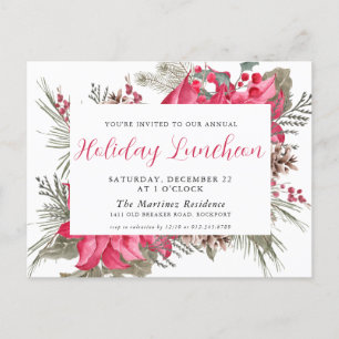 Carte Postale Élégant Déjeuner de Fête Rouge Poinsettia Invitati