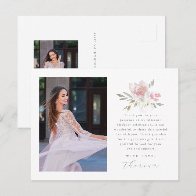 Carte Postale Elégant deux photo Quinceanera Merci floral (Devant / Derrière)