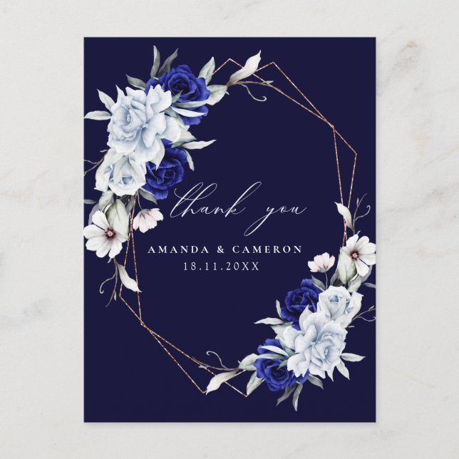 Carte Postale Elégant Dusty Blue Navy Floral Mariage Merci (Devant)