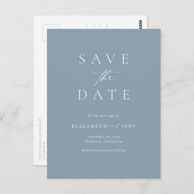 Carte Postale Elegant Dusty Blue Simple Save The Date (Devant / Derrière)