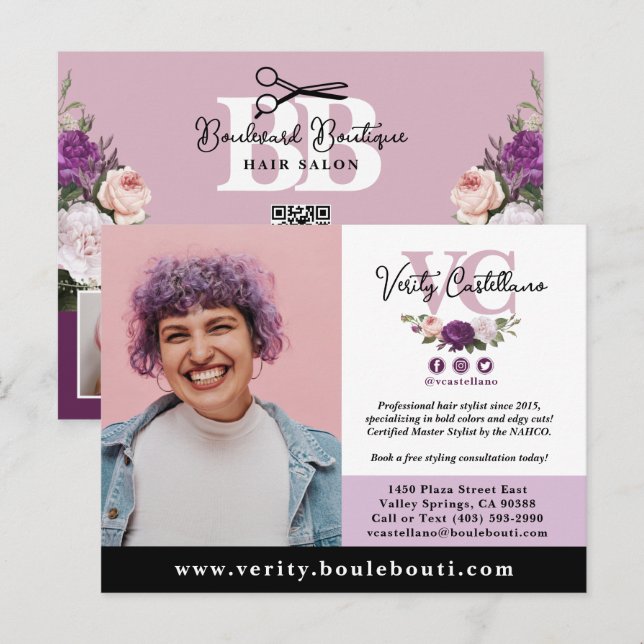 Carte Postale Elégant Dusty Mauve Floral Salon Marketing Photo (Devant / Derrière)