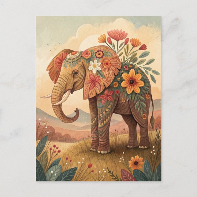 Carte Postale Élégant éléphant félicitations style d'art populai (Devant)