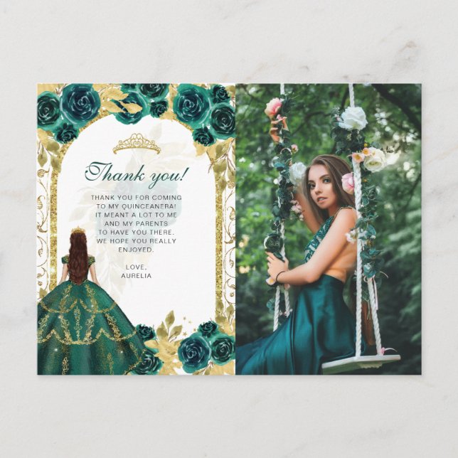 Carte Postale Élégant Émeraude Floral Photo Quinceañera Pas Cher (Devant)