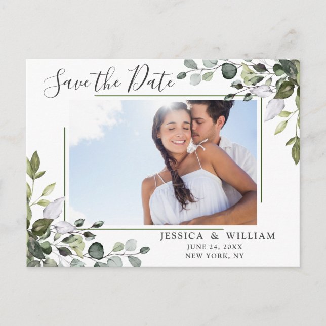 Carte Postale Elégant Eucalyptus PHOTO Mariage Enregistrer la da (Devant)