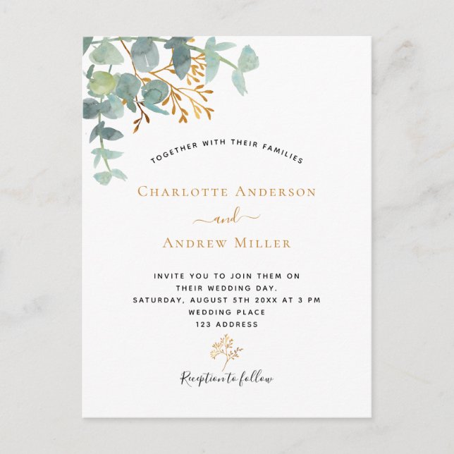 Carte Postale Elégant eucalyptus vert or moderne mariage (Devant)