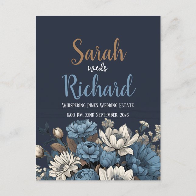 Carte Postale Elégant Faire-part de mariage floral bleu marine (Devant)