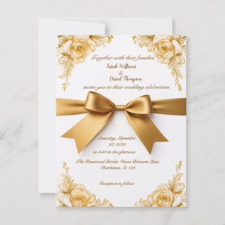 Carte Postale Élégant Faire-part de mariage or floral avec ruban