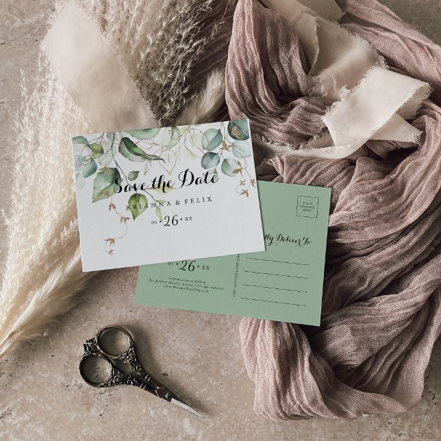 Carte Postale Élégant Faire-Part Horizontal à l'Eucalyptus en Or (Créateur téléchargé)