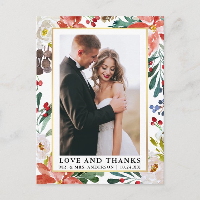 Carte Postale Élégant floral d'hiver aquarelle Amour et Merci (Devant)