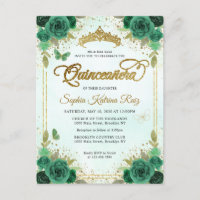 Élégant Floral Emerald Green Glam Gold Quinceañera