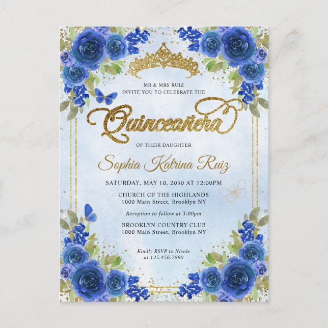 Carte Postale Elégant Floral Navy Blue Gold Tiara Quinceañera (Devant)