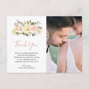 Carte Postale Élégant floral rose rose pâle Mariage photo Merci