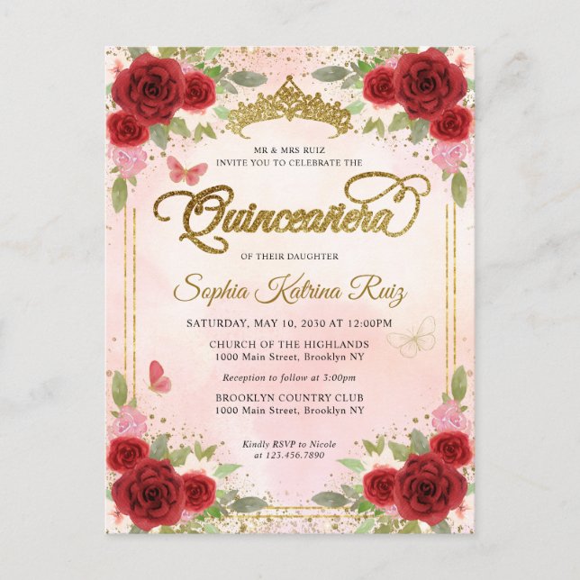Carte Postale Elégant Floral Rouge Rose Or Tiara Quinceañera (Devant)