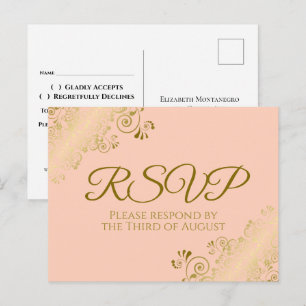 Carte Postale Elégant Frills or sur Coral Peach Wedding RSVP
