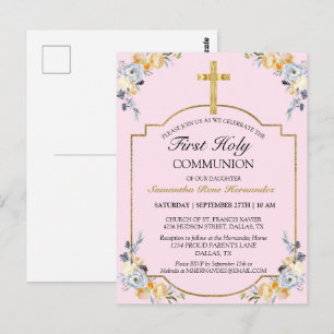 Carte Postale Elégant Gold Cross PInk Floral 1ère Sainte Communi