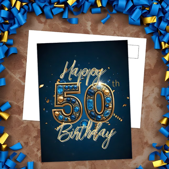 Carte Postale Elégant Gold et Blue Gemstone 50e anniversaire (Créateur téléchargé)