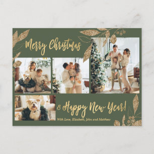 Carte Postale Elegant Gold Leafy 4 Photo Collage Postc de Noël