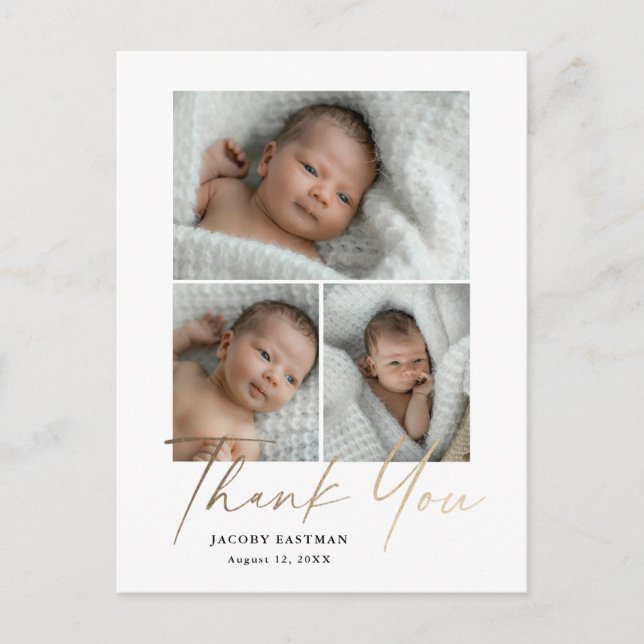 Carte Postale Elégant Gold Script 3 Photo Baby Merci (Devant)