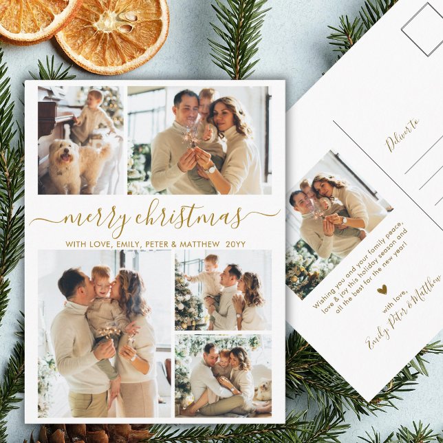 Carte Postale Elegant Gold Script 6 Photo Collage Christmas (Créateur téléchargé)