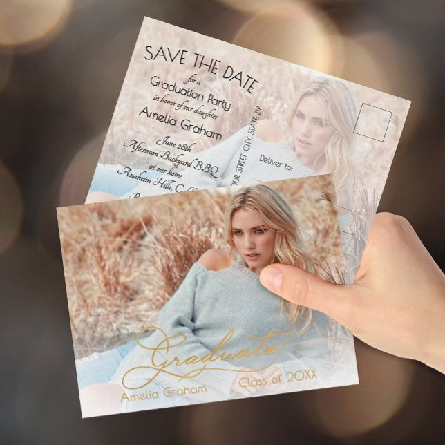Carte Postale Elégant Gold Script Photo Graduation Enregistrer l (Gold script graduation Save the Date postcards feature  photos on both sides, your details on back)