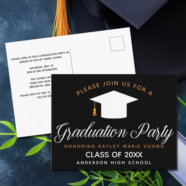 Carte Postale Élégant Graduation Black Gold Classe de 2023 Parti (Créateur téléchargé)