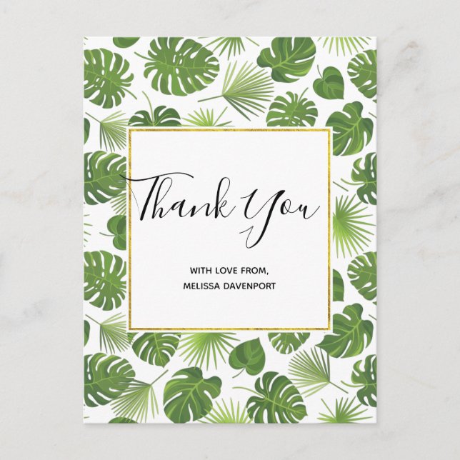 Carte Postale Élégant Green Tropical Feuille Motif Merci (Devant)