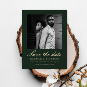 Carte Postale Elégant Green Two Photo Wedding Sauvez la date
