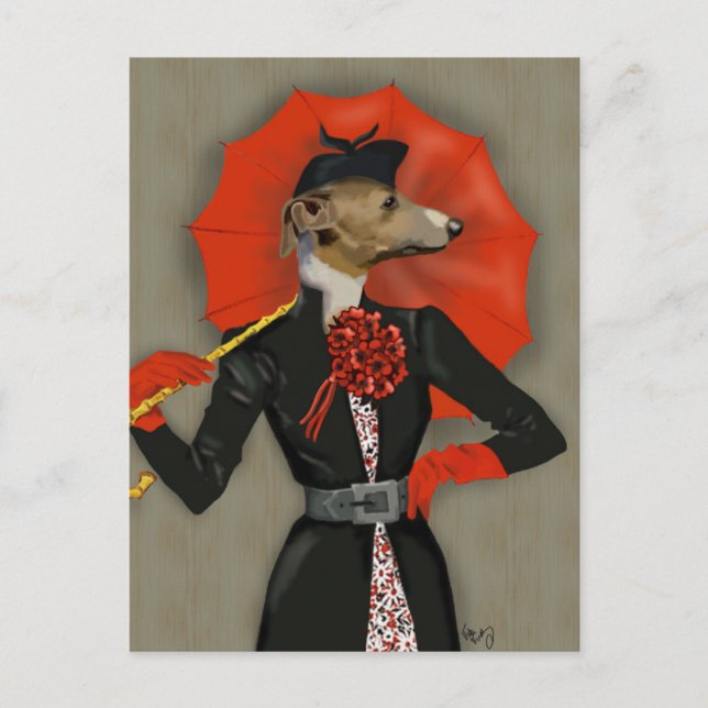 Carte Postale Elégant Greyhound et parapluie rouge (Devant)