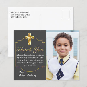 Carte Postale Elégant Gris Gold Cross 1er Merci Communion