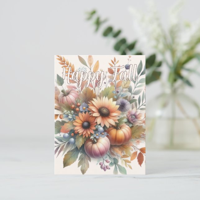 Carte Postale Élégant Happy Fall Citrouille Flower Bouquet Motif (Debout devant)