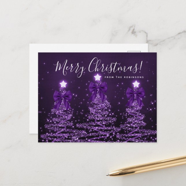 Carte Postale Elegant Holiday Purple Christmas Trees Bows (Devant/Arrière en situation)