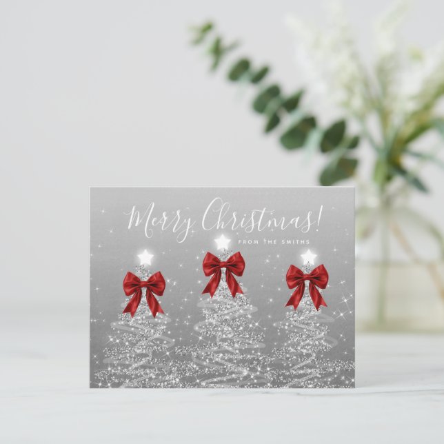 Carte Postale Elegant Holiday Silver Christmas Trees Red Bows (Debout devant)