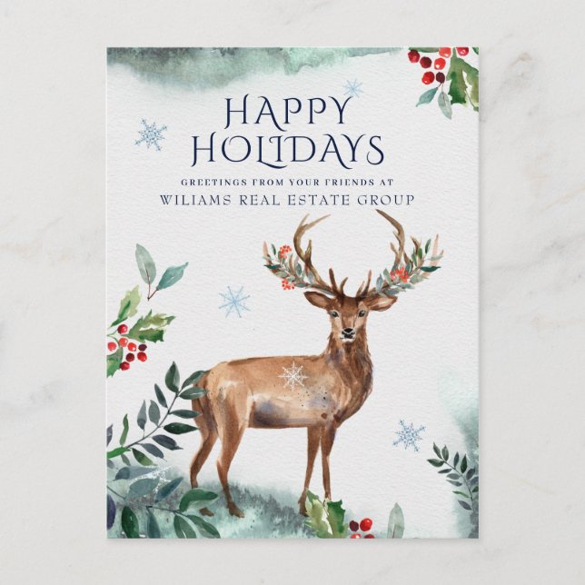 Carte Postale Elegant Holly Deer Noël Accueil d'entreprise (Devant)