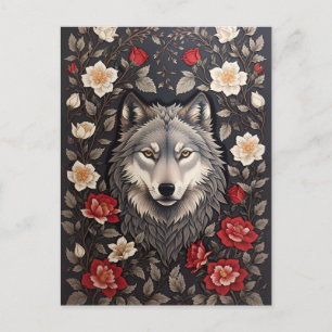 Carte Postale Élégant loup gris floral