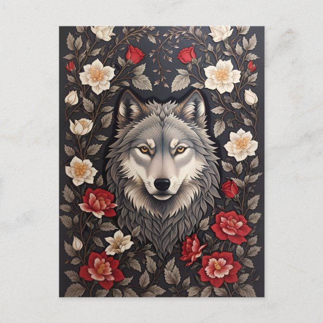 Carte Postale Élégant loup gris floral (Devant)