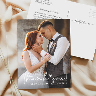 Carte Postale Elegant Love Heart Script Mariage Photo Merci
