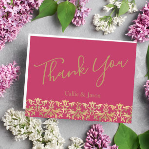 Carte Postale Elégant Magenta et Mariage or Merci