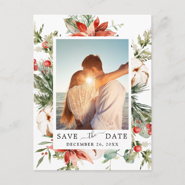 Carte Postale Élégant mariage de pin rouge Poinsettia Enregistre (Devant)