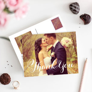 Carte Postale Élégant Mariage de script blanc Merci photo